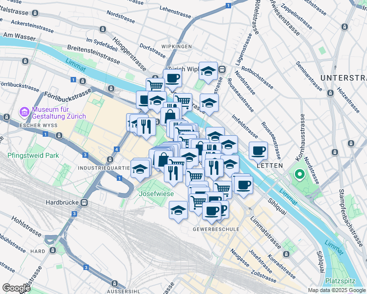 map of restaurants, bars, coffee shops, grocery stores, and more near 250 Limmatstrasse in Zurich