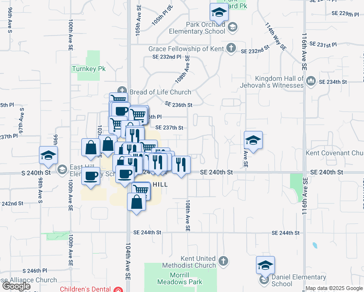 map of restaurants, bars, coffee shops, grocery stores, and more near 23901 108th Avenue Southeast in Kent