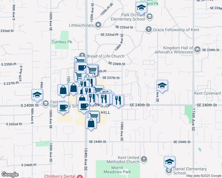 map of restaurants, bars, coffee shops, grocery stores, and more near 10612 Southeast 240th Street in Kent