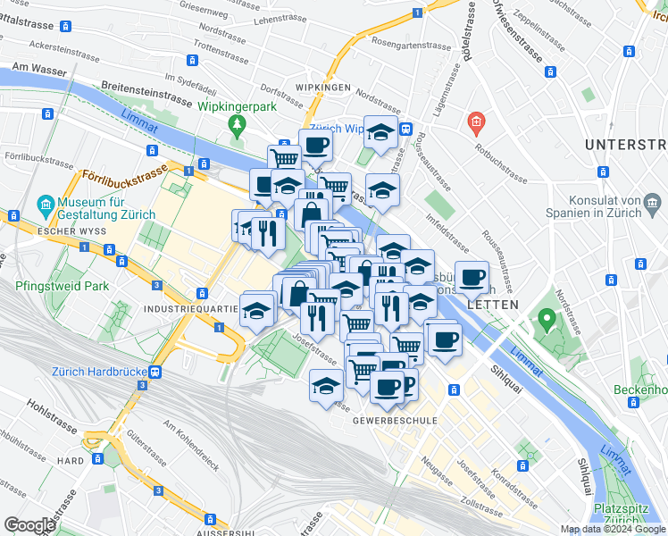 map of restaurants, bars, coffee shops, grocery stores, and more near 250 Limmatstrasse in Zurich