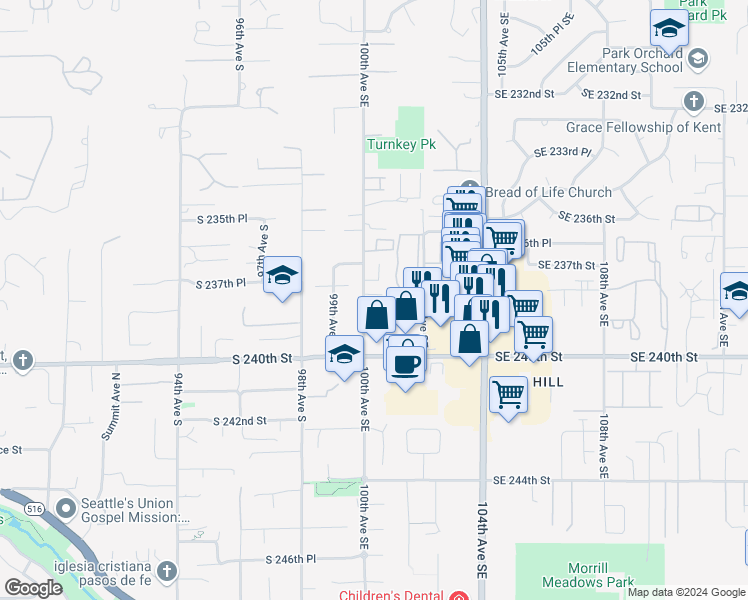 map of restaurants, bars, coffee shops, grocery stores, and more near 23814 100th Avenue Southeast in Kent