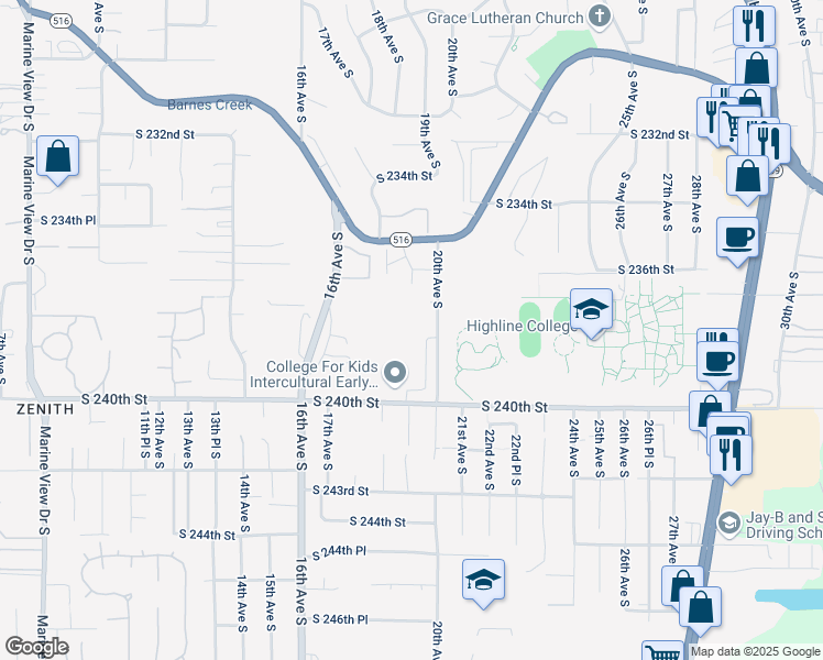 map of restaurants, bars, coffee shops, grocery stores, and more near 23819 20th Avenue South in Des Moines