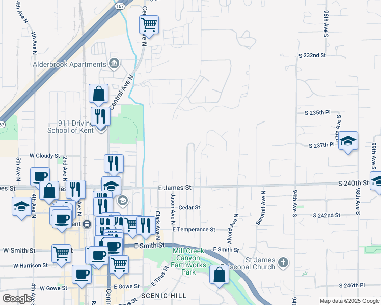 map of restaurants, bars, coffee shops, grocery stores, and more near 806 Prospect Avenue North in Kent