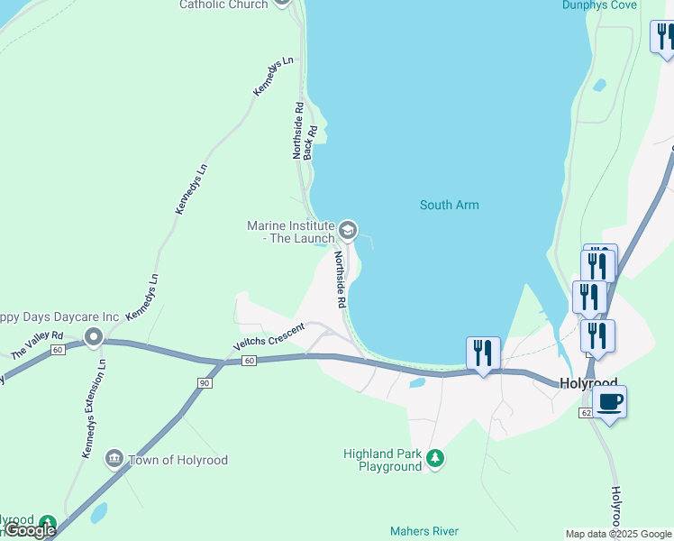 map of restaurants, bars, coffee shops, grocery stores, and more near 19 Northside Road in Holyrood