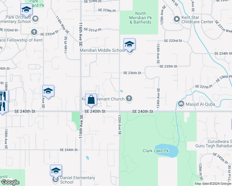 map of restaurants, bars, coffee shops, grocery stores, and more near 11921 Southeast 238th Place in Kent