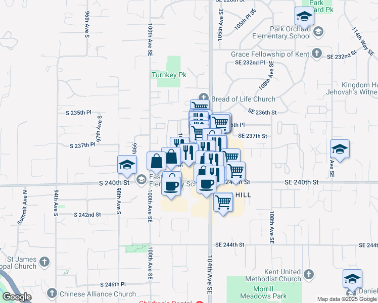 map of restaurants, bars, coffee shops, grocery stores, and more near 10225 Southeast 239th Street in Kent