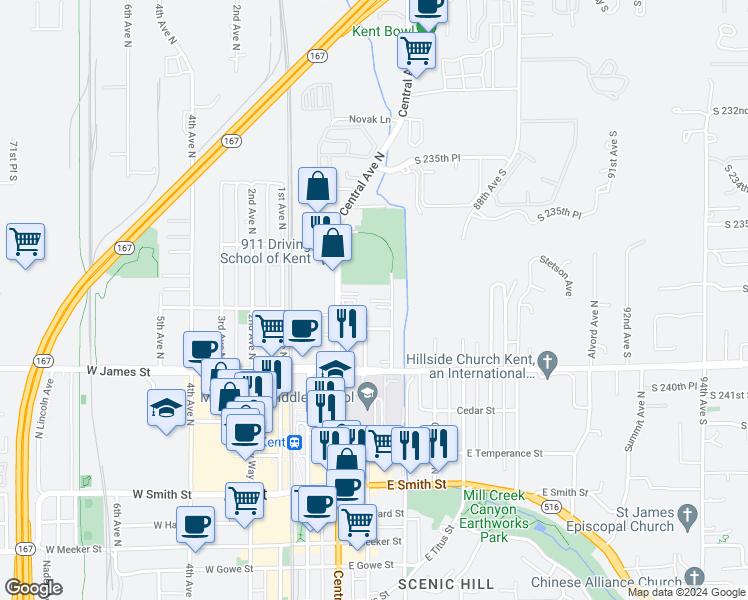 map of restaurants, bars, coffee shops, grocery stores, and more near 749 Woodford Avenue North in Kent