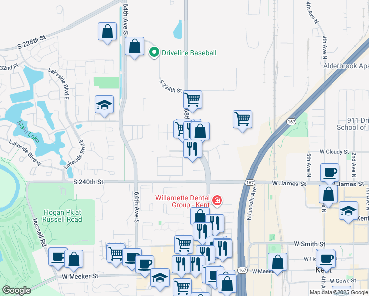 map of restaurants, bars, coffee shops, grocery stores, and more near 23825 67th Place South in Kent