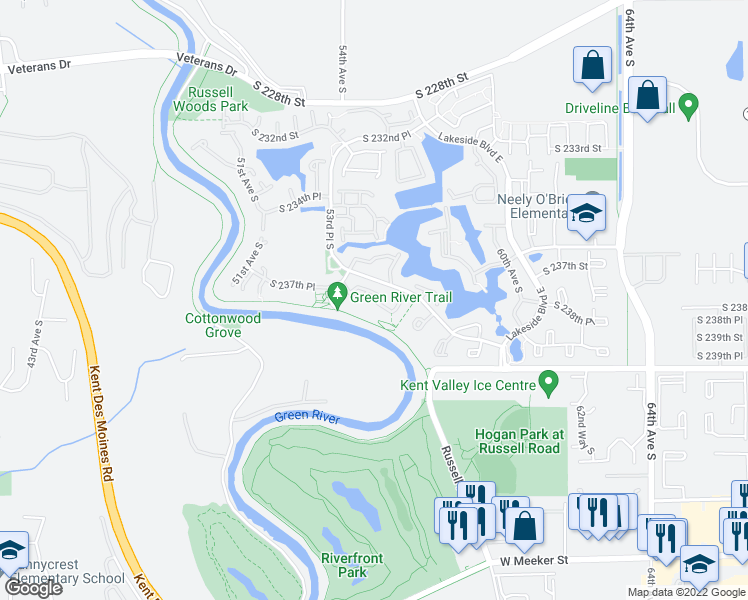map of restaurants, bars, coffee shops, grocery stores, and more near 23732 56th Place South in Kent