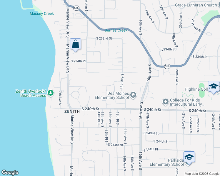 map of restaurants, bars, coffee shops, grocery stores, and more near 1215 South 237th Lane in Seattle