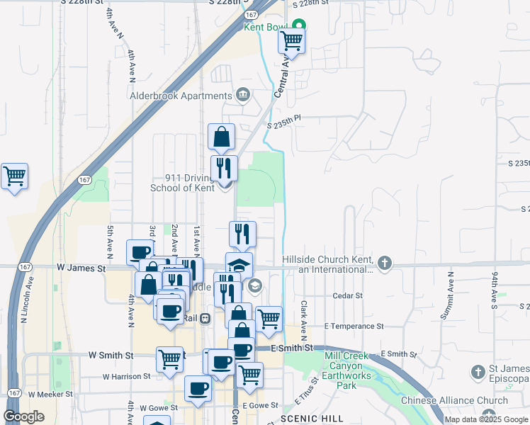 map of restaurants, bars, coffee shops, grocery stores, and more near 826 Woodford Avenue North in Kent