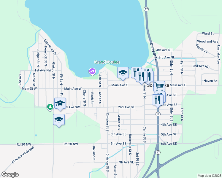map of restaurants, bars, coffee shops, grocery stores, and more near in Soap Lake