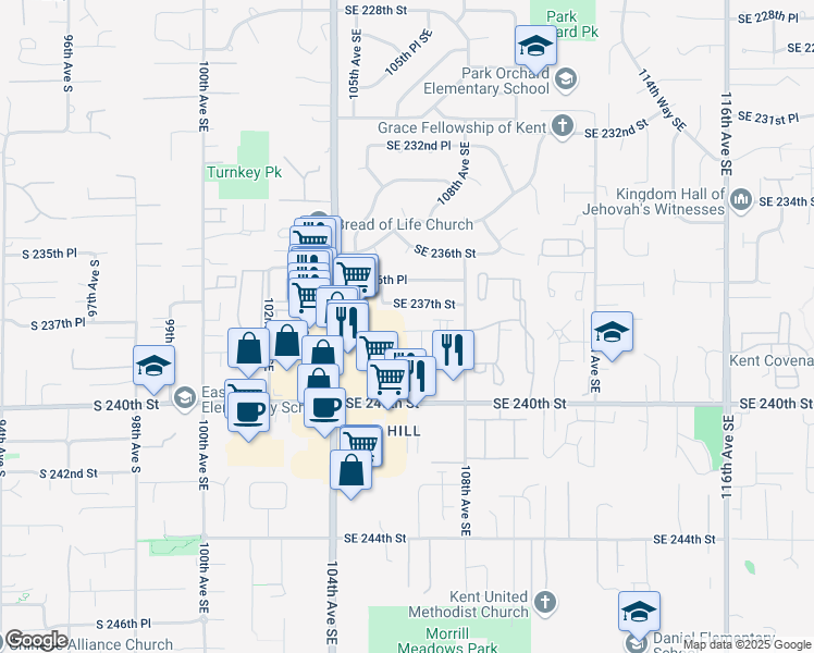 map of restaurants, bars, coffee shops, grocery stores, and more near 10615 Southeast 237th Street in Kent