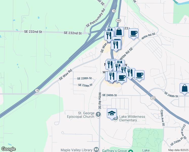 map of restaurants, bars, coffee shops, grocery stores, and more near 21912 Southeast 237th Street in Maple Valley