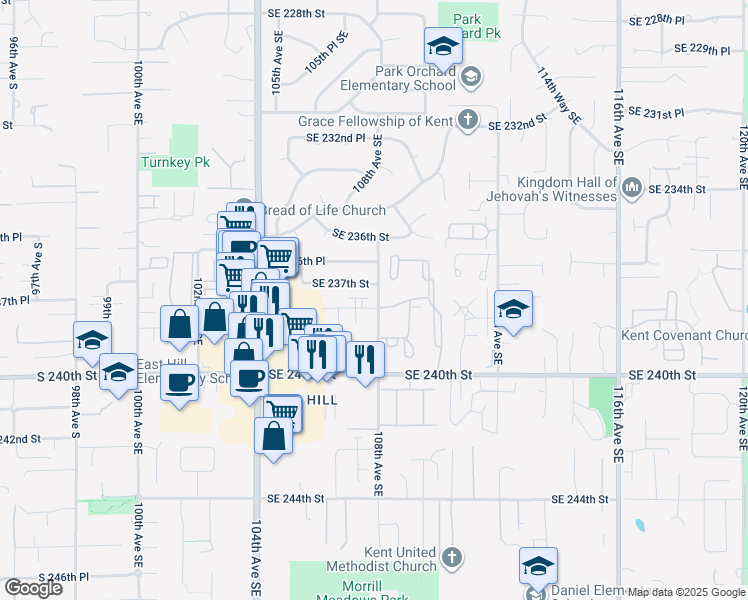 map of restaurants, bars, coffee shops, grocery stores, and more near 10725 Southeast 237th Street in Kent