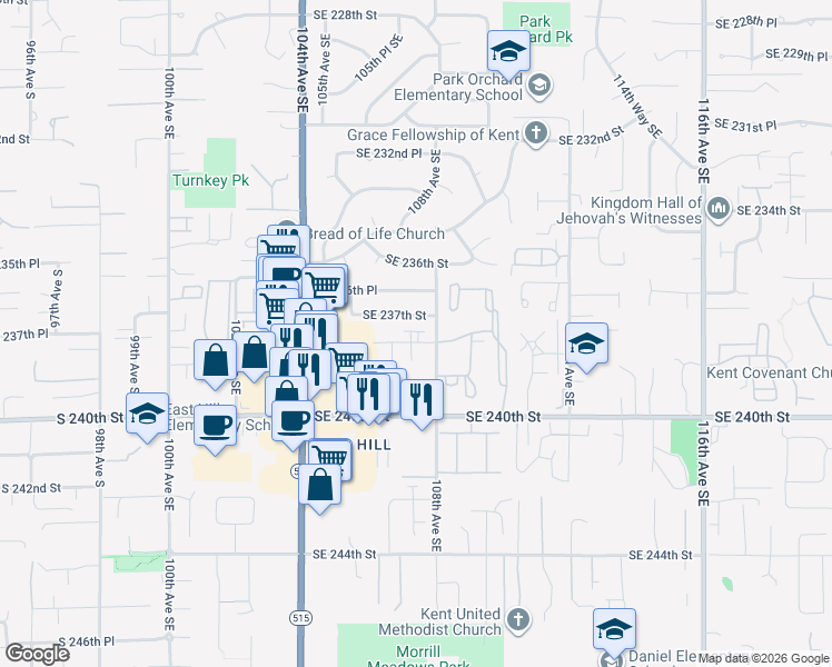 map of restaurants, bars, coffee shops, grocery stores, and more near 10725 Southeast 237th Street in Kent