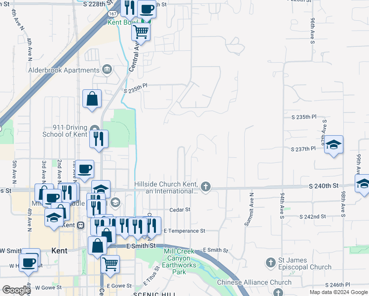 map of restaurants, bars, coffee shops, grocery stores, and more near 811 Prospect Avenue North in Kent