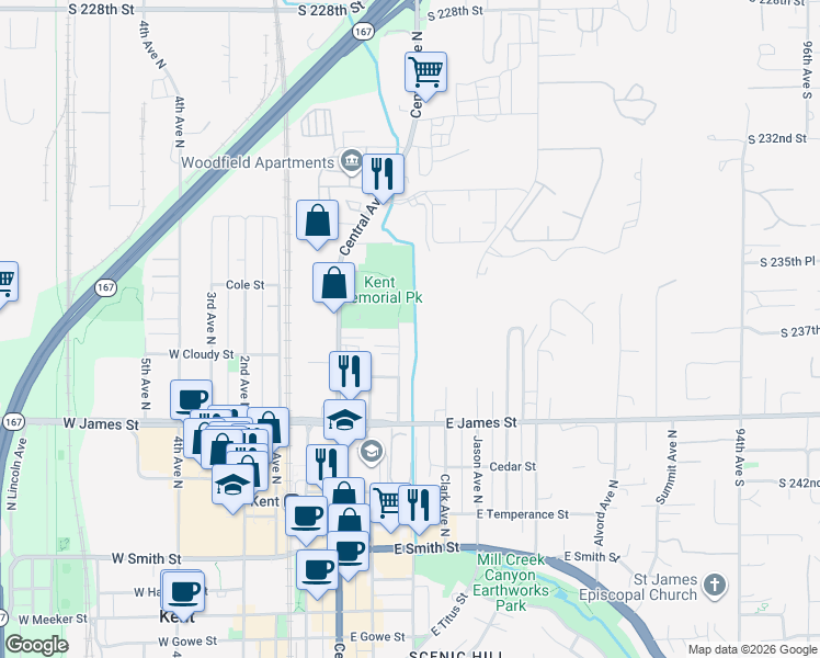 map of restaurants, bars, coffee shops, grocery stores, and more near 826 Woodford Avenue North in Kent