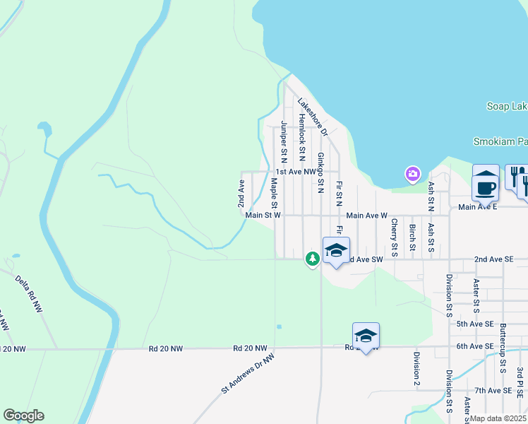 map of restaurants, bars, coffee shops, grocery stores, and more near 1056 Main Avenue West in Soap Lake