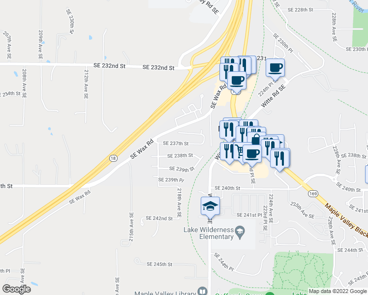 map of restaurants, bars, coffee shops, grocery stores, and more near 21803 Southeast 237th Street in Maple Valley