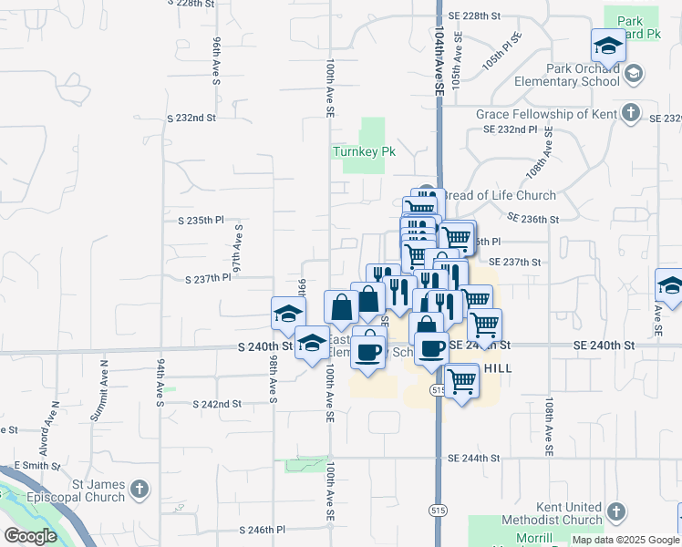map of restaurants, bars, coffee shops, grocery stores, and more near 23704 100th Avenue Southeast in Kent
