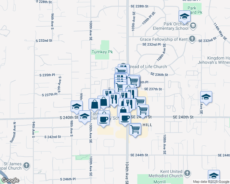 map of restaurants, bars, coffee shops, grocery stores, and more near 10231 Southeast 237th Street in Kent