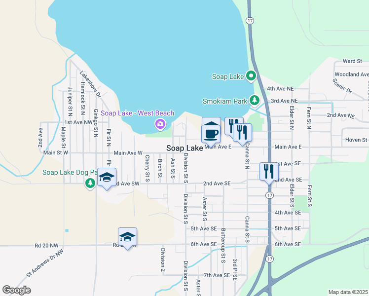map of restaurants, bars, coffee shops, grocery stores, and more near in Soap Lake