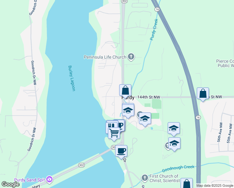 map of restaurants, bars, coffee shops, grocery stores, and more near 6703 144th Street Northwest in Gig Harbor