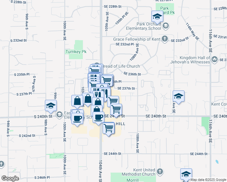 map of restaurants, bars, coffee shops, grocery stores, and more near 10509 Southeast 237th Street in Kent