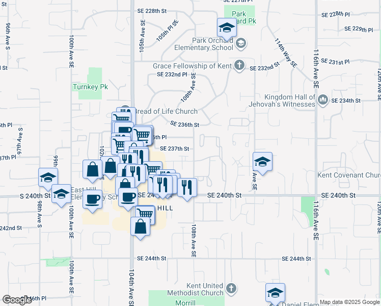 map of restaurants, bars, coffee shops, grocery stores, and more near 10725 Southeast 237th Street in Kent