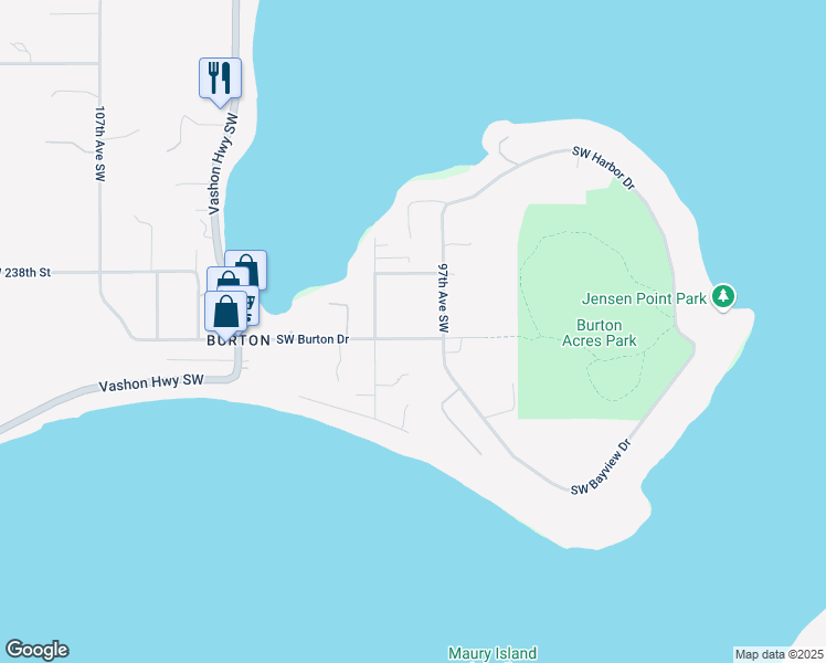 map of restaurants, bars, coffee shops, grocery stores, and more near 9728 Southwest Burton Drive in Vashon