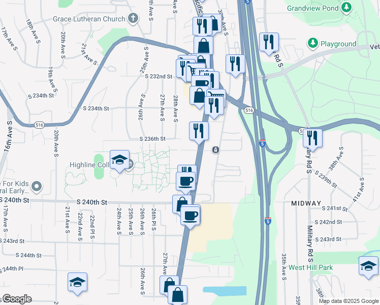 map of restaurants, bars, coffee shops, grocery stores, and more near 23627 Pacific Highway South in Des Moines