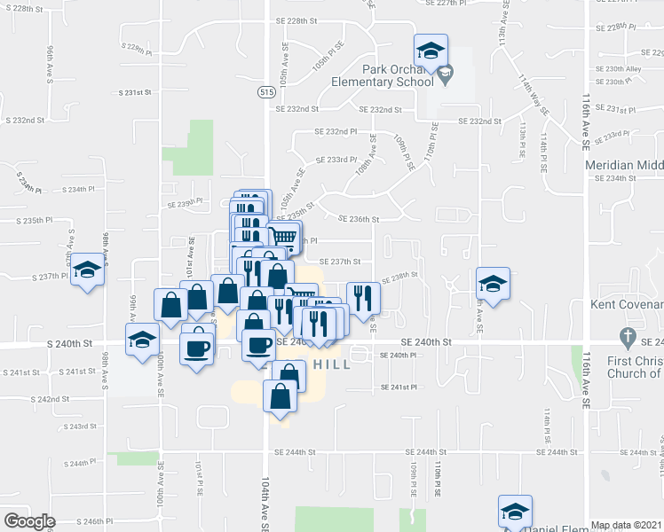 map of restaurants, bars, coffee shops, grocery stores, and more near 10615 Southeast 237th Street in Kent