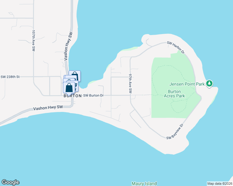 map of restaurants, bars, coffee shops, grocery stores, and more near 9806 Southwest Burton Drive in Vashon