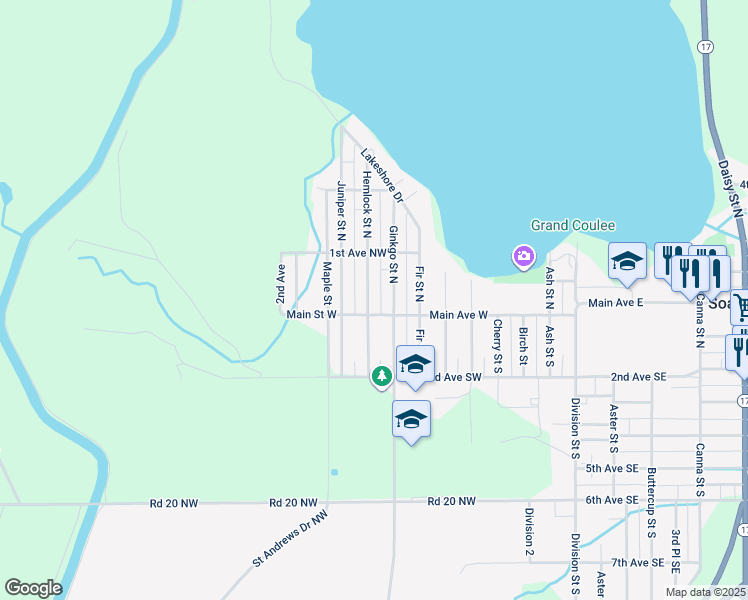 map of restaurants, bars, coffee shops, grocery stores, and more near 18 Hemlock Street North in Soap Lake