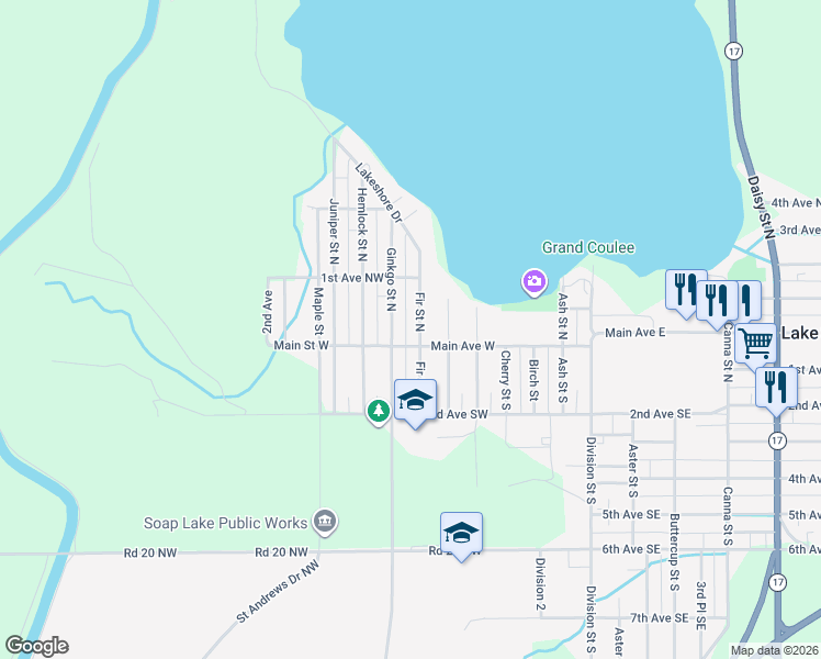 map of restaurants, bars, coffee shops, grocery stores, and more near 19 Fir Street North in Soap Lake