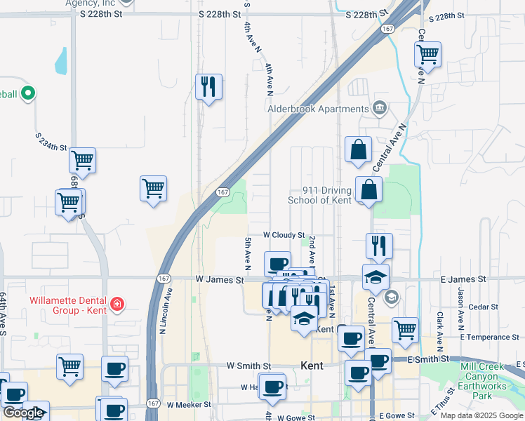 map of restaurants, bars, coffee shops, grocery stores, and more near 835 4th Avenue North in Kent