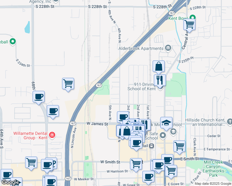 map of restaurants, bars, coffee shops, grocery stores, and more near 835 4th Avenue North in Kent