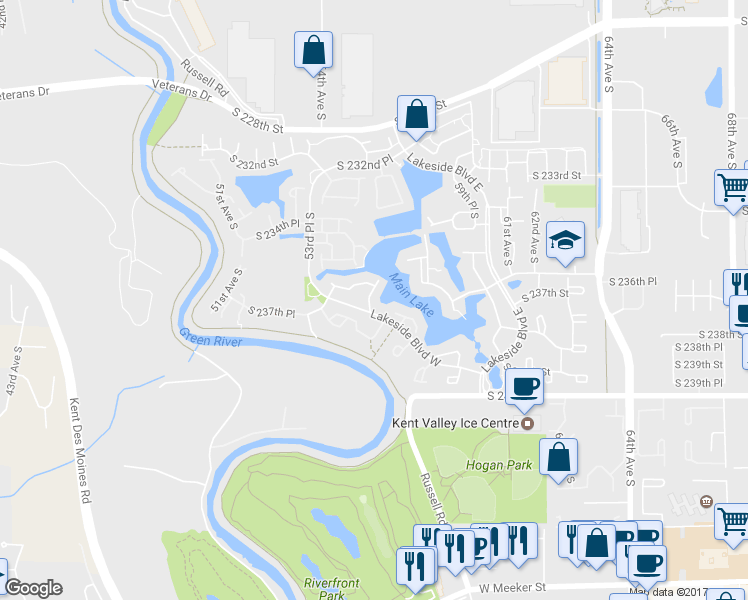 map of restaurants, bars, coffee shops, grocery stores, and more near 5410 South 236th Place in Kent