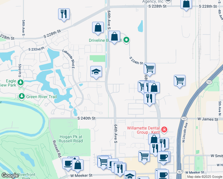 map of restaurants, bars, coffee shops, grocery stores, and more near 23705 64th Place South in Kent