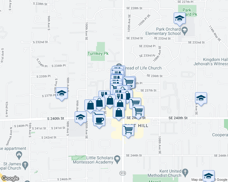 map of restaurants, bars, coffee shops, grocery stores, and more near 10231 Southeast 237th Street in Kent