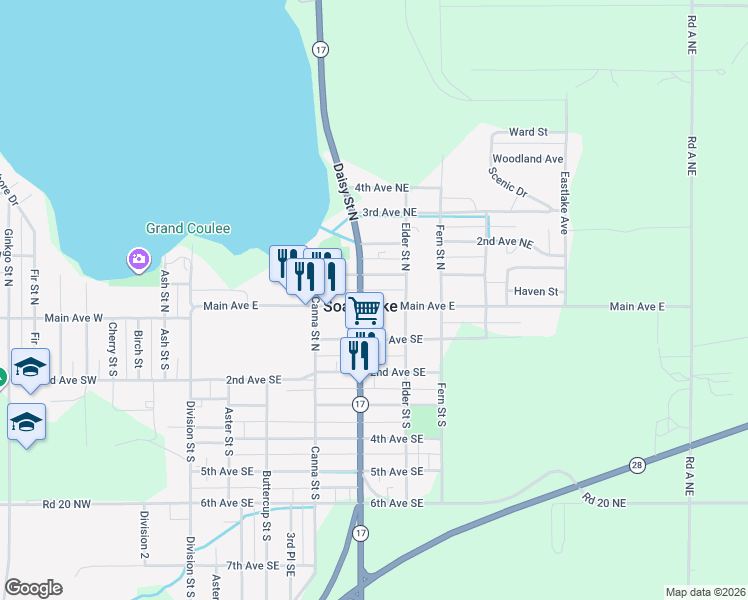 map of restaurants, bars, coffee shops, grocery stores, and more near in Soap Lake