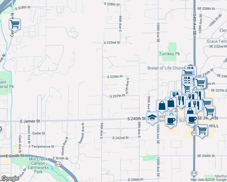 map of restaurants, bars, coffee shops, grocery stores, and more near 23704 94th Avenue South in Kent