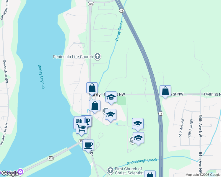 map of restaurants, bars, coffee shops, grocery stores, and more near 6421 144th Street Northwest in Gig Harbor