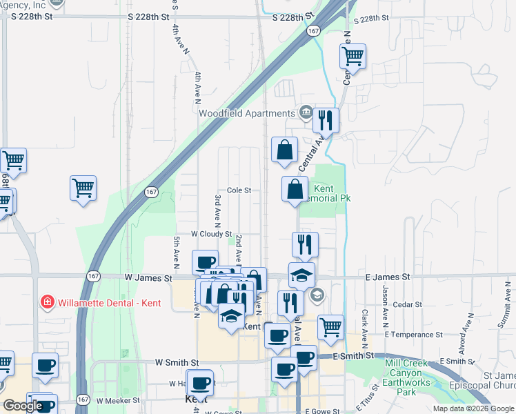 map of restaurants, bars, coffee shops, grocery stores, and more near 839 1st Avenue North in Kent
