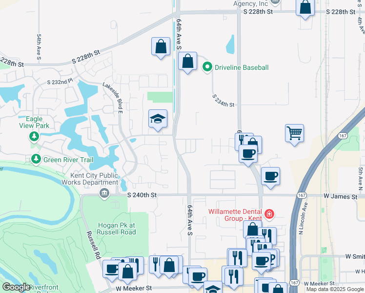 map of restaurants, bars, coffee shops, grocery stores, and more near 23705 64th Place South in Kent