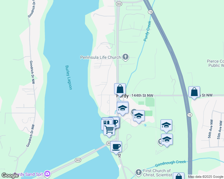 map of restaurants, bars, coffee shops, grocery stores, and more near 6703 144th Street Northwest in Gig Harbor