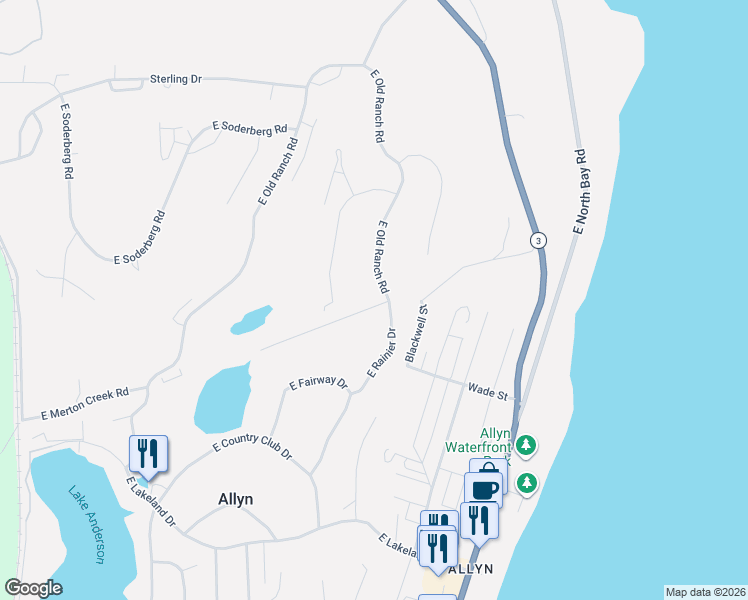 map of restaurants, bars, coffee shops, grocery stores, and more near 212 East Rainier Drive in Allyn