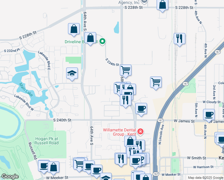 map of restaurants, bars, coffee shops, grocery stores, and more near 827 West Valley Highway in Kent