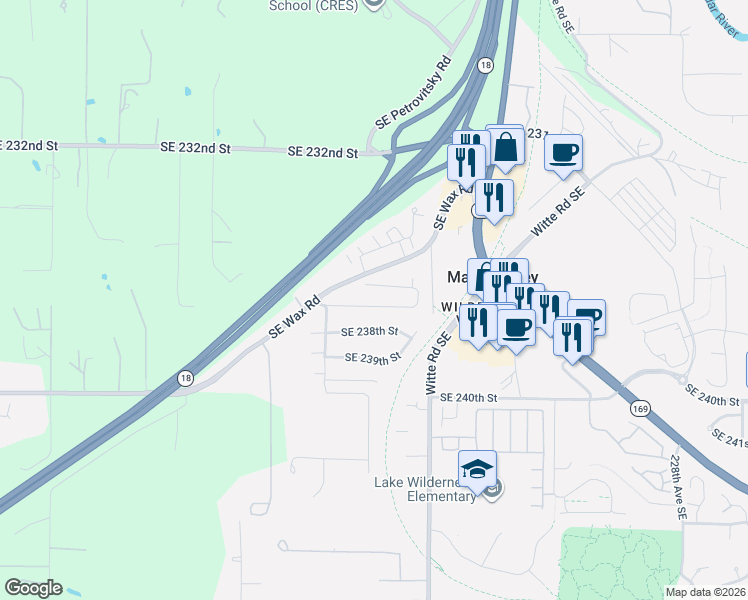 map of restaurants, bars, coffee shops, grocery stores, and more near 21720 Southeast 237th Street in Maple Valley